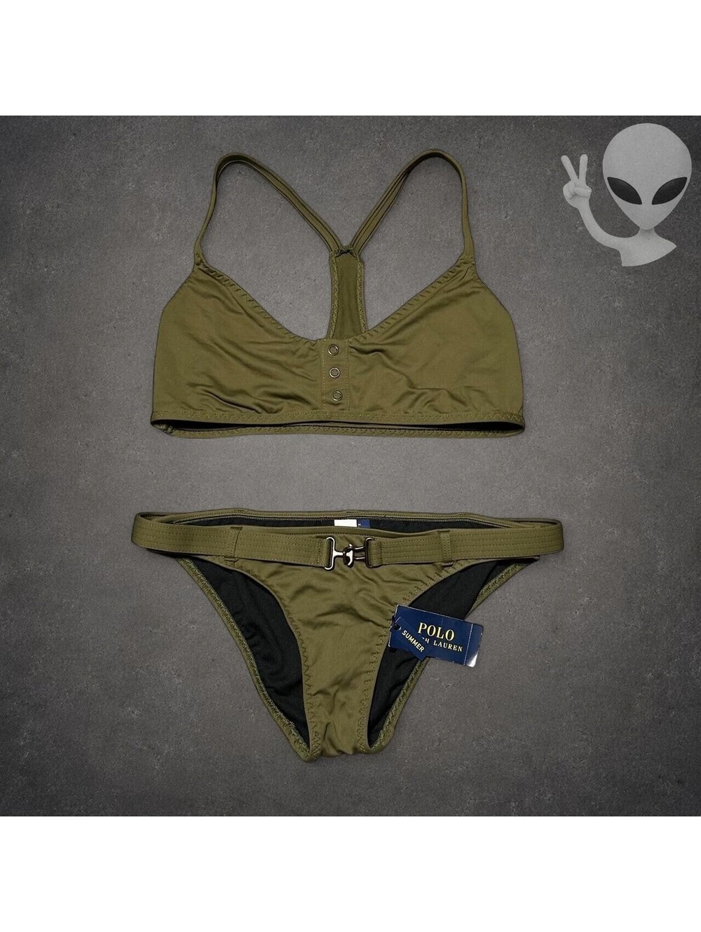 Polo Ralph Lauren Bikini Set Fits M Swimsuit Top L Bottom S Olive Green Belted